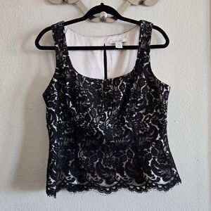 White House Black Market Black and Cream Lace Blouse Sz 12